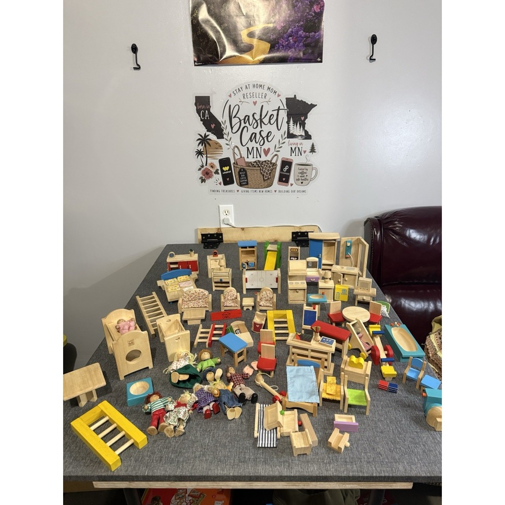 Plan Toys Painted Wood/Fabric Dollhouse Furniture Lot Bed Crib Wardrobe
